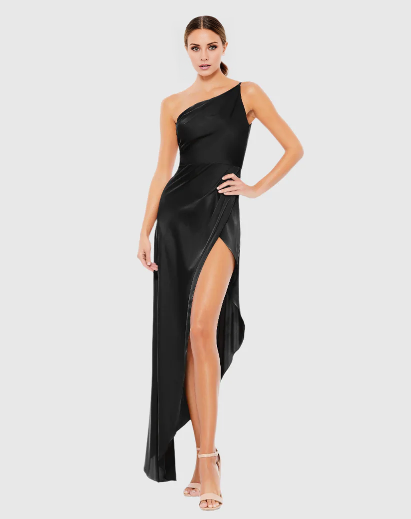 Vestido de noche largo hasta el suelo con falda asimétrica de satén sin mangas y escote de un solo hombro