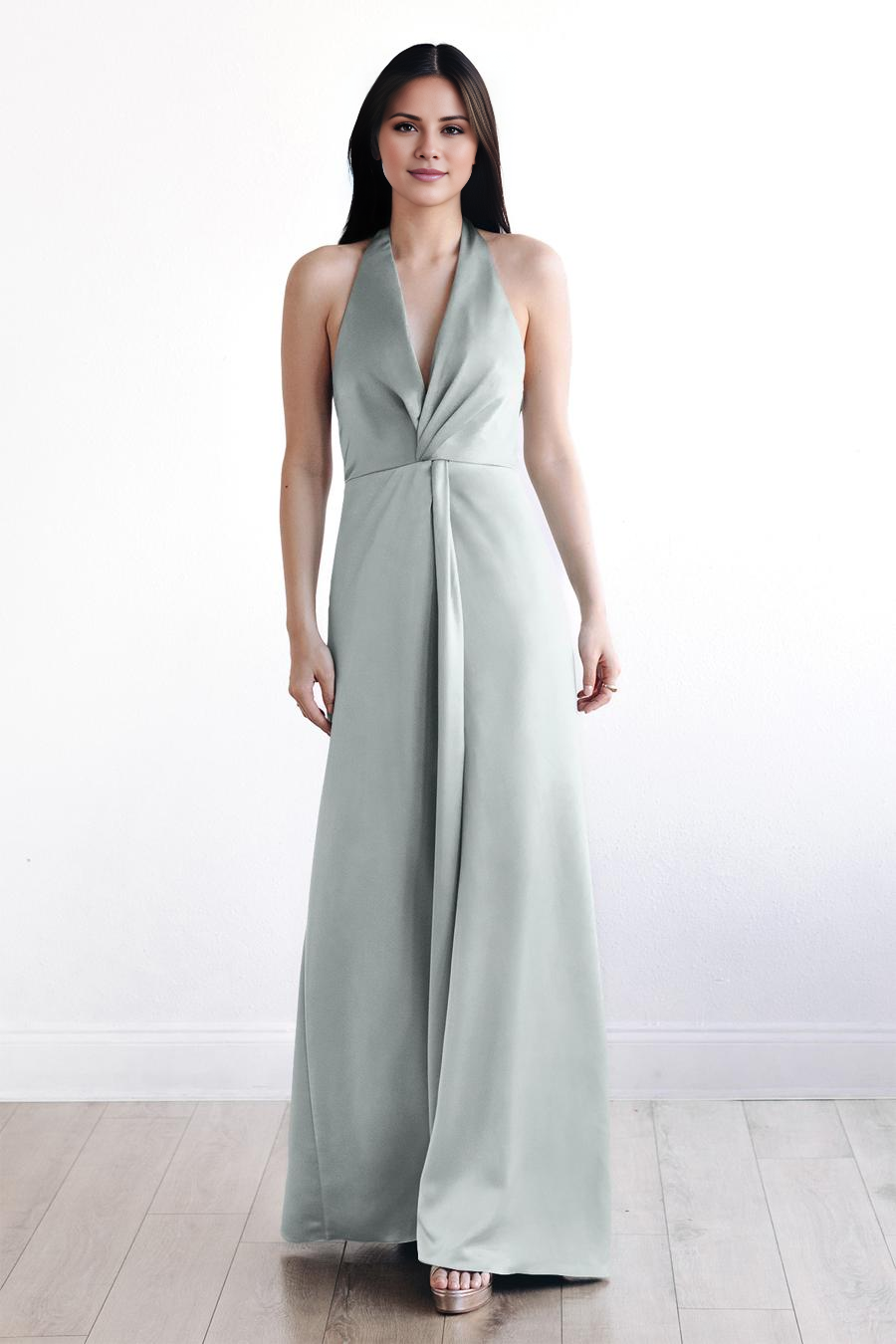 Vestido de noche Jimiss con escote en V profundo, cuello colgante, sin mangas, espalda descubierta y largo hasta el suelo