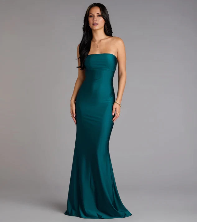 Simple Off the Shoulder Sleeveless Strapless Open Back Mermaid Satin Floor-Length Evening Dress