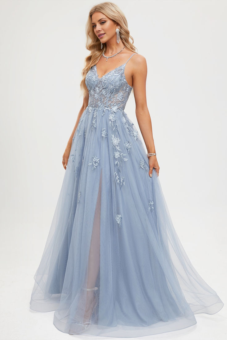 Dusty Blue Tulle A-Line Floor-Length Evening Dress with Floral Embroidery