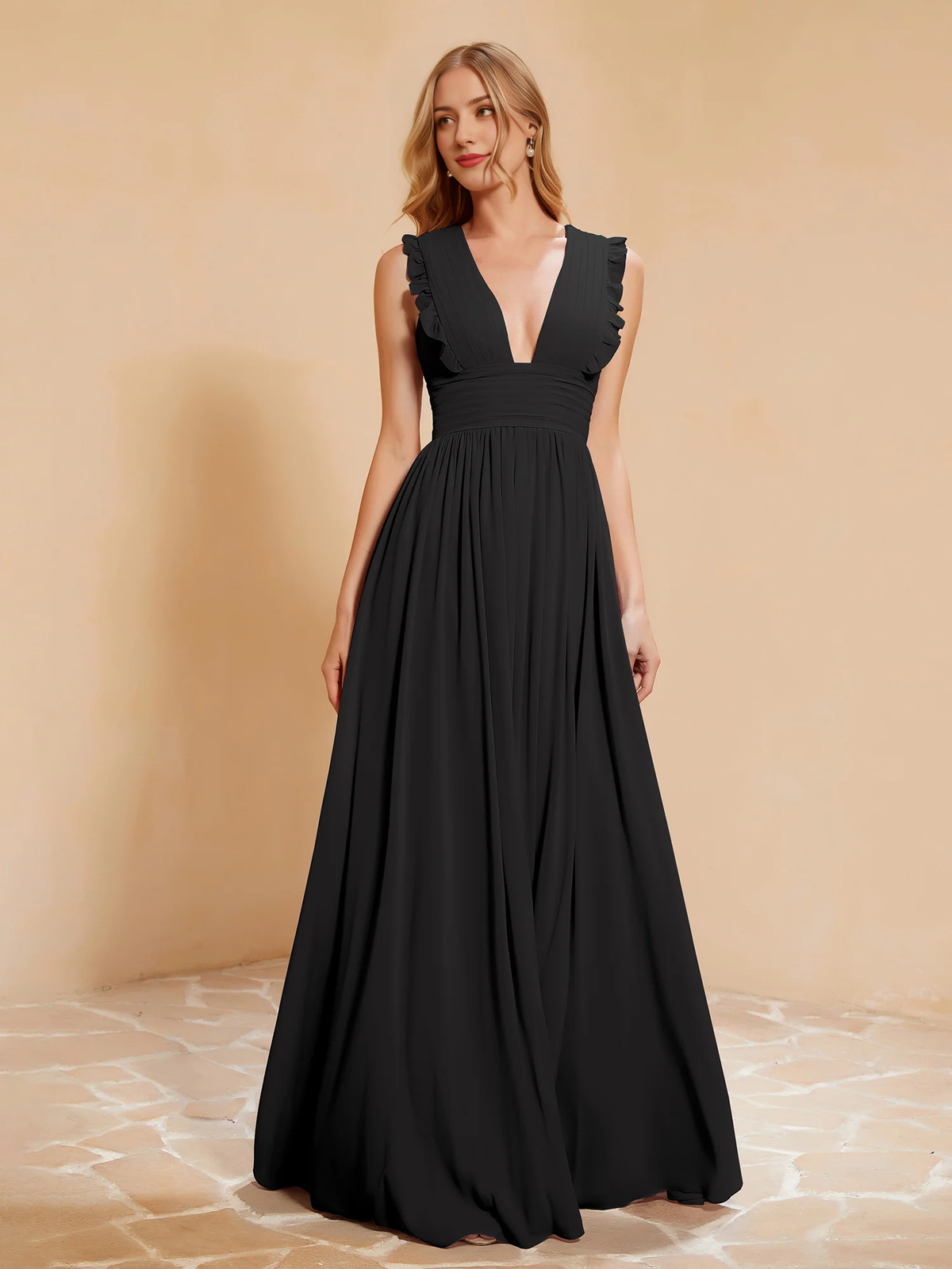 Dusty Rose Chiffon A-Line Floor-Length Dress with V-Neck and Ruched Bodice + Ruffled Straps