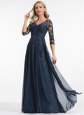 Vestido para madre de la novia de Jimiss, corte A, escote en V, con fruncido hasta el suelo, de gasa con encaje y lentejuelas
