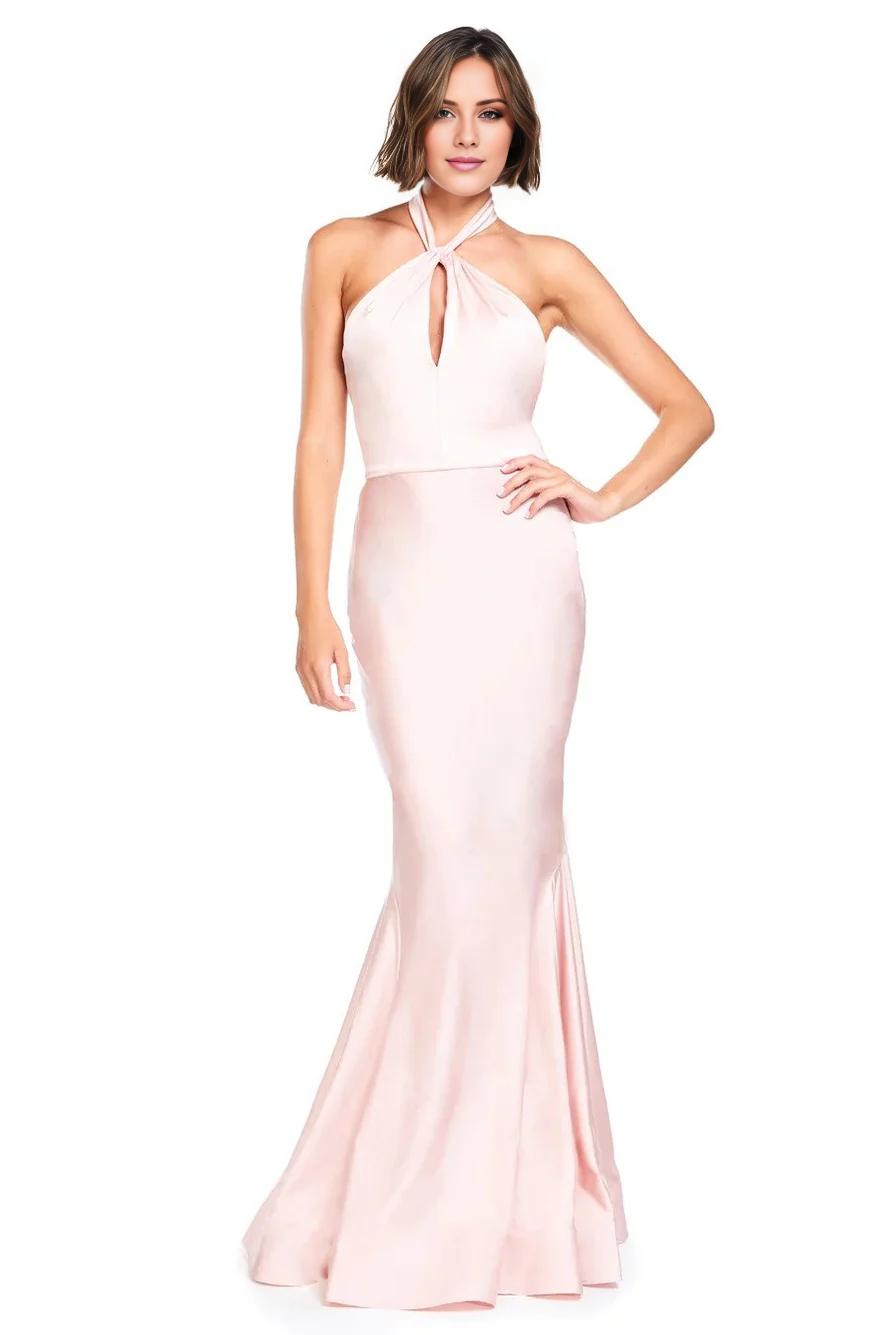 Vestido de noche Jimiss con escote halter, hombros descubiertos, sin mangas, espalda descubierta y largo hasta el suelo