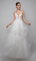 Vestido de novia largo hasta el suelo con corsé transparente ajustado y escote en V profundo con encaje de gasa fina y espalda atada