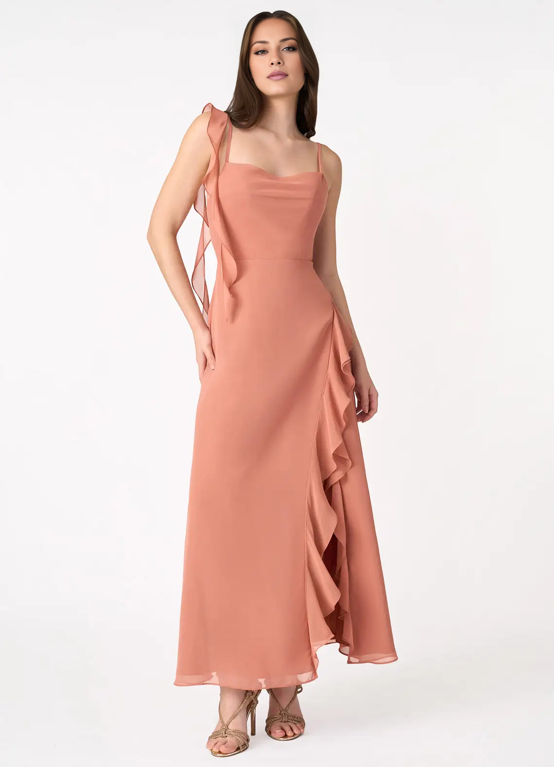 Vestido de fiesta Jimiss de gasa con hombros estrechos, borde con volantes asimétricos, abertura lateral y largo hasta el suelo 