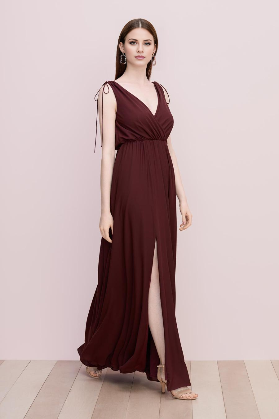 Burgundy Chiffon A-Line Floor-Length Bridesmaid Dress with Draped V-Neck, Backless Design & High Slit