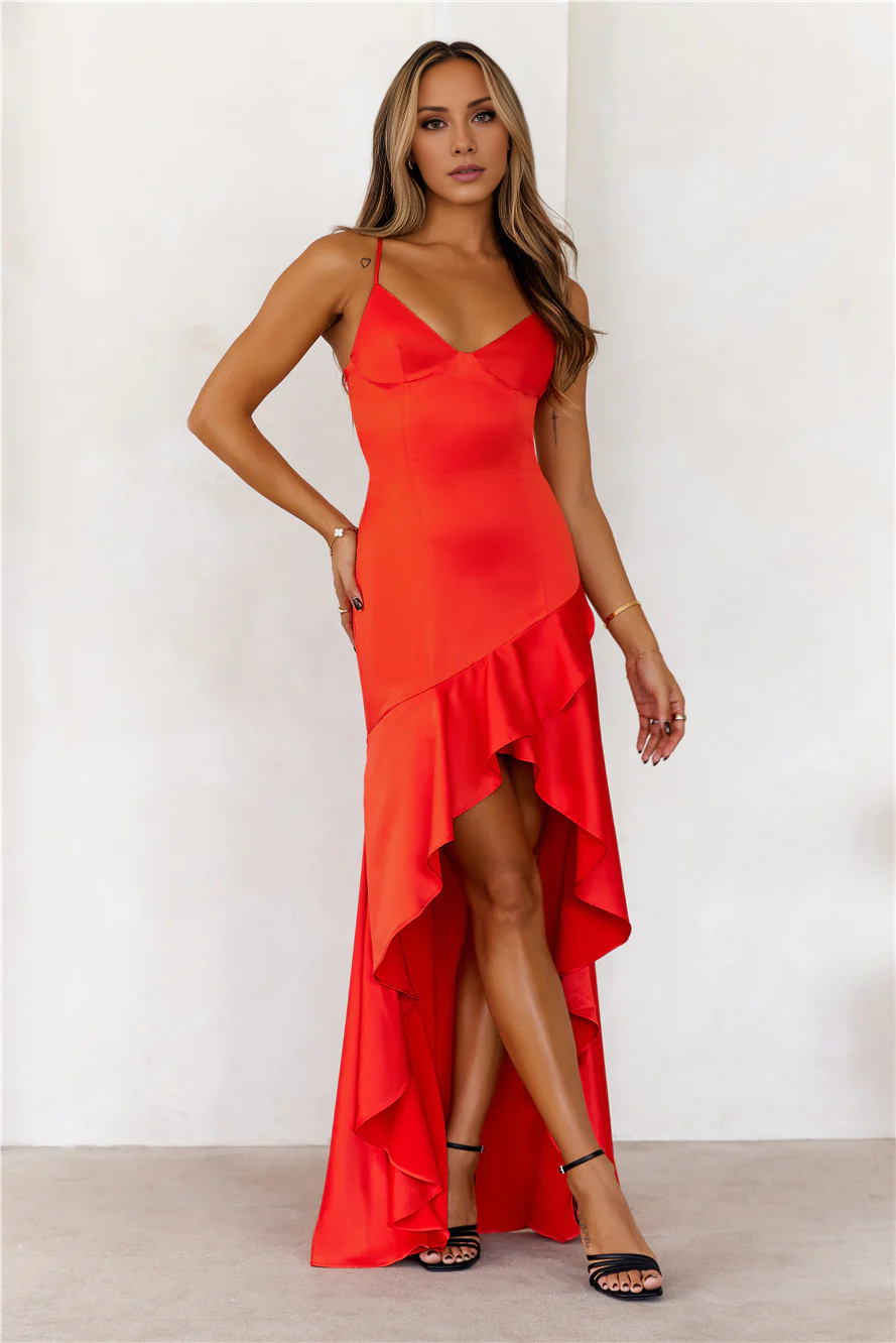Vestido de fiesta Jimiss con escote en V, tirantes finos y diseño de borde con volantes