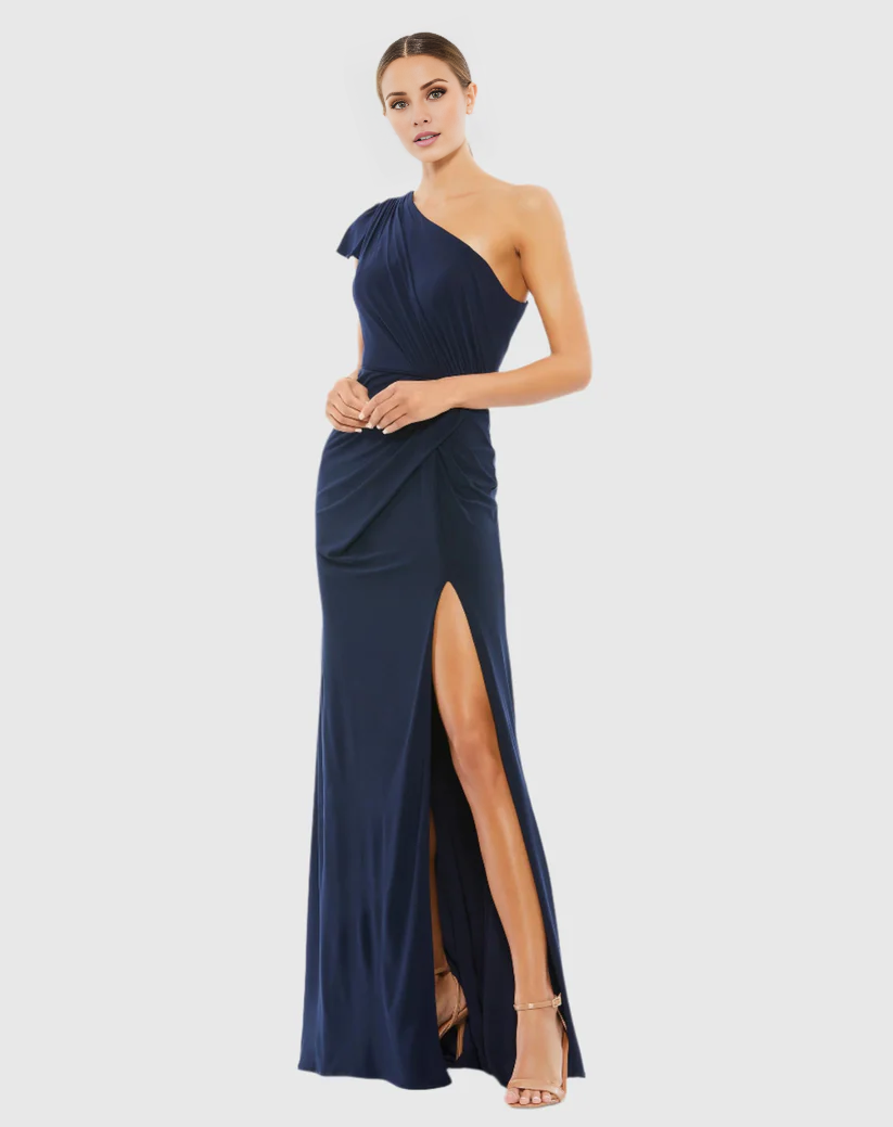 One-shoulder draped ruffled floor-length evening dress