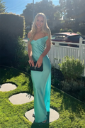 Mint Green Satin Off-the-Shoulder A-Line Floor-Length Bridesmaid Dress