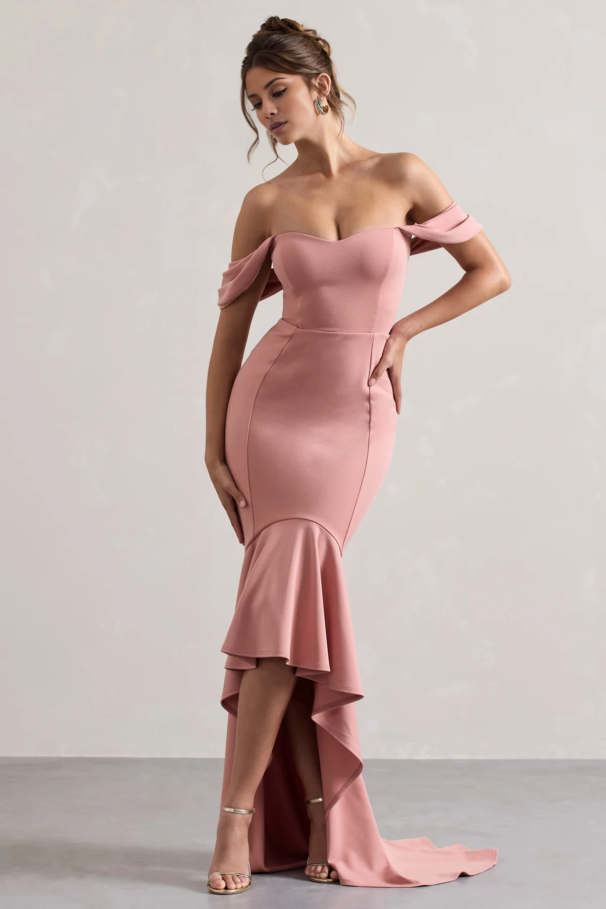 Vestido de noche rosa con escote en forma de corazón y largo hasta el suelo con dobladillo de hoja de loto - Vestido Jimiss 