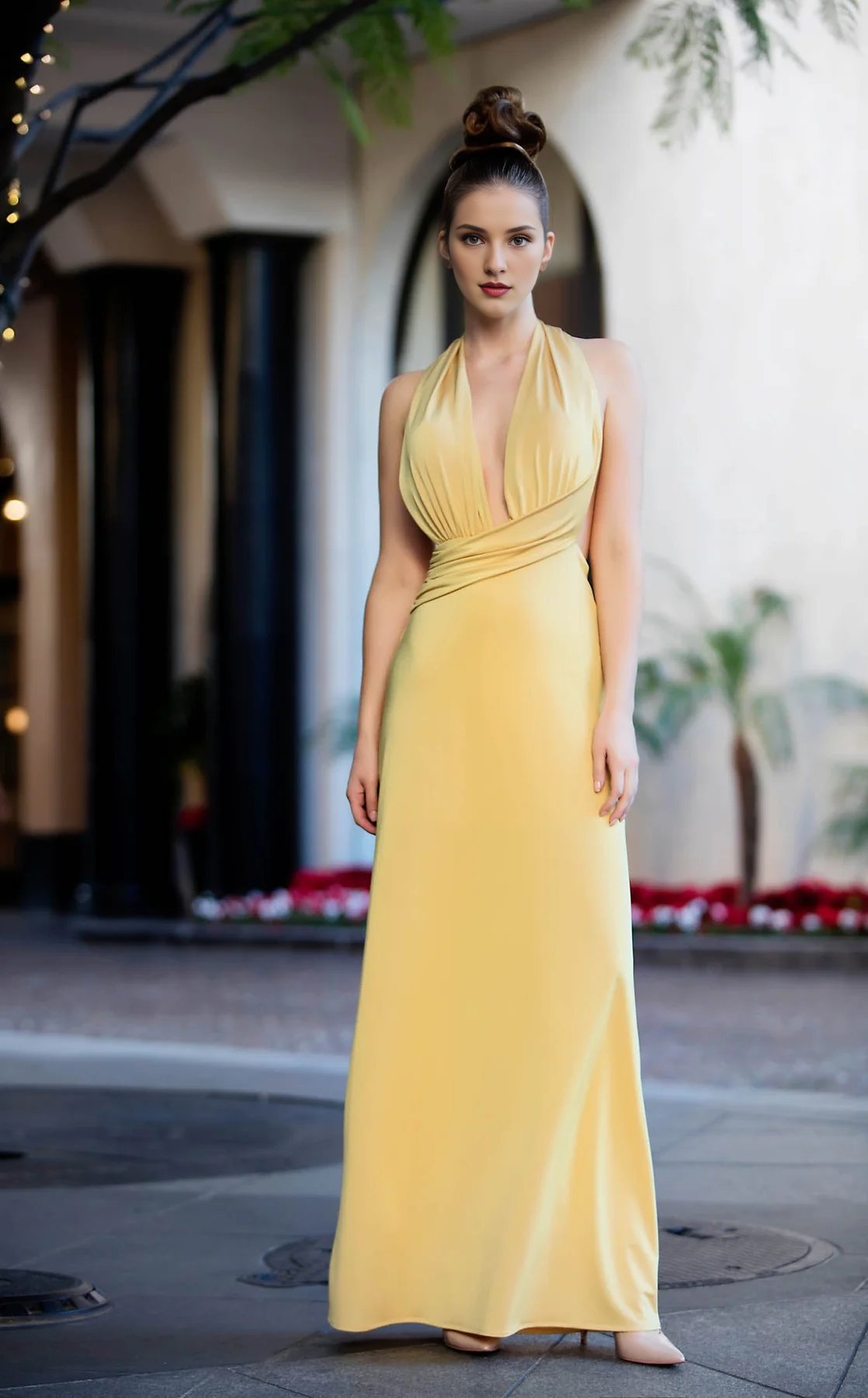 Vestido de fiesta largo hasta el suelo, sin tirantes y con cuello colgante.