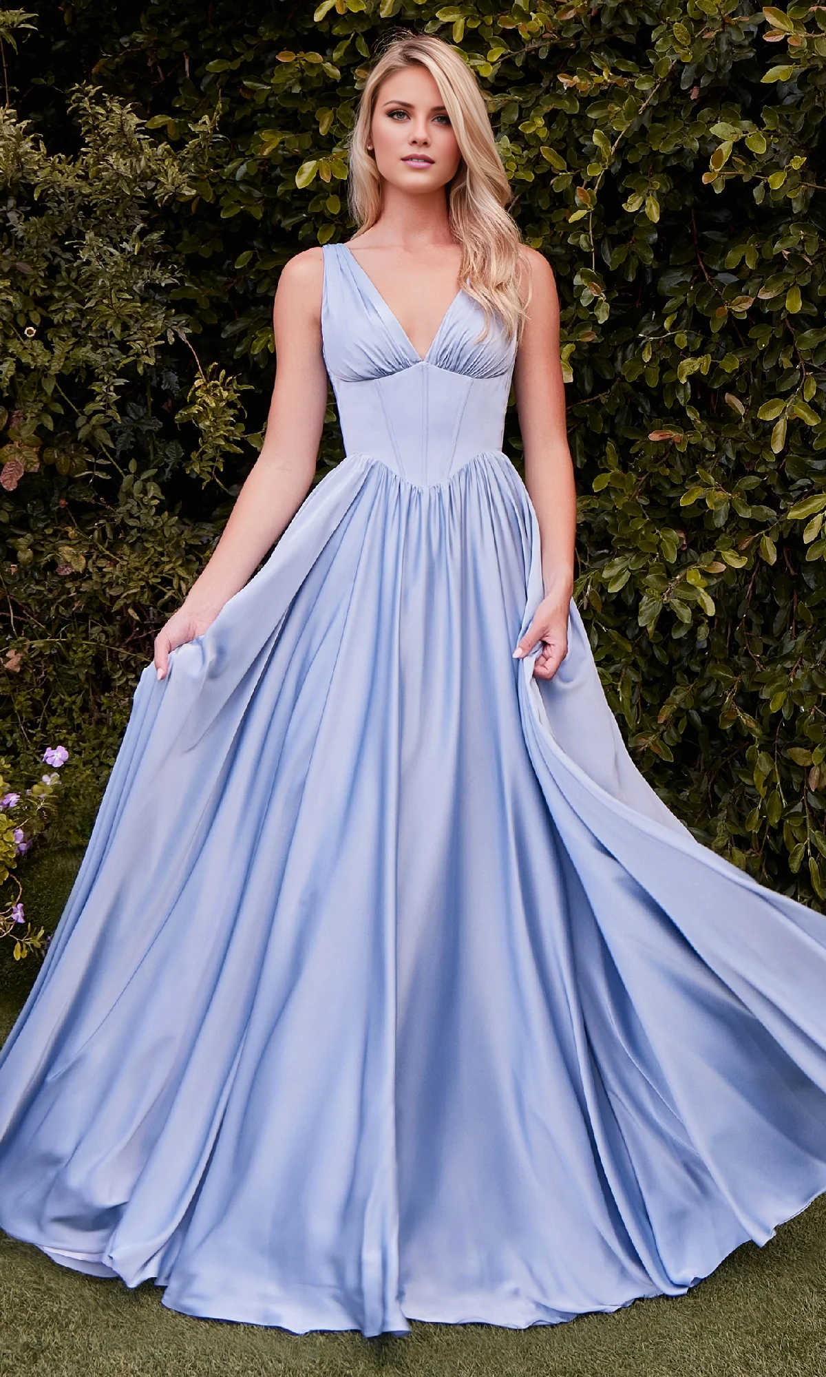 Vestido de fiesta Jimiss de corte A, cuello en V, corsé ajustado de satén y largo hasta el suelo 