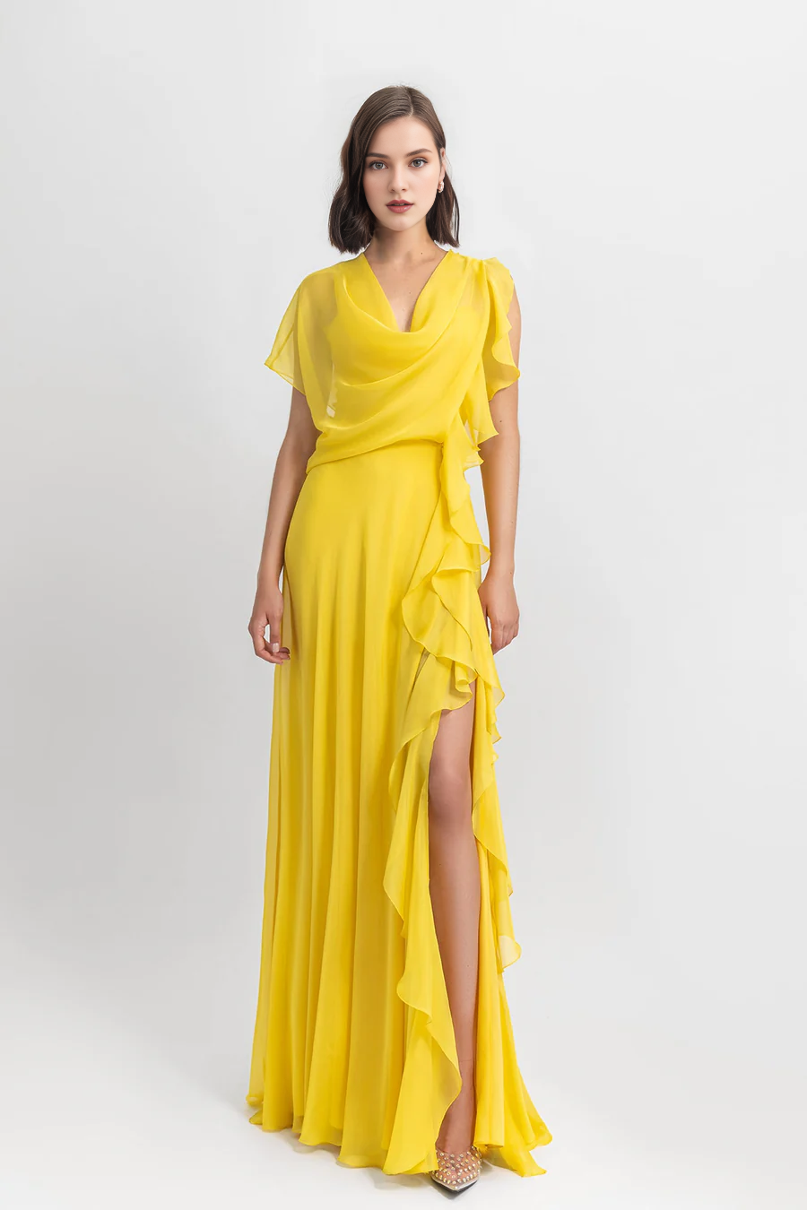 Asymmetric horn chiffon and ground length gowns evening dresses