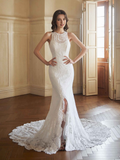 Ivory Lace Mermaid Floor-Length Wedding Dress with Illusion High Neck & High Slit