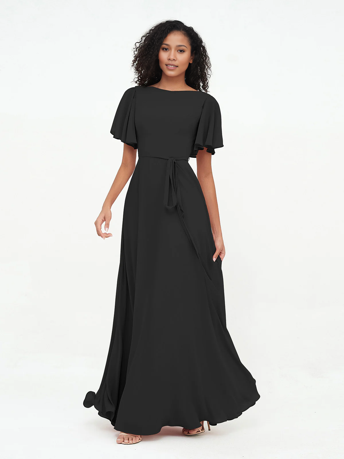 Dark Navy Chiffon A-Line Floor-Length Bridesmaid Dress with Flutter Sleeves & Tie Waist