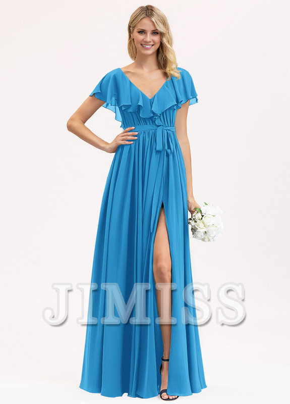 Abito da damigella d'onore in chiffon con scollo a V, lunghezza al pavimento, balze a balze e fiocco