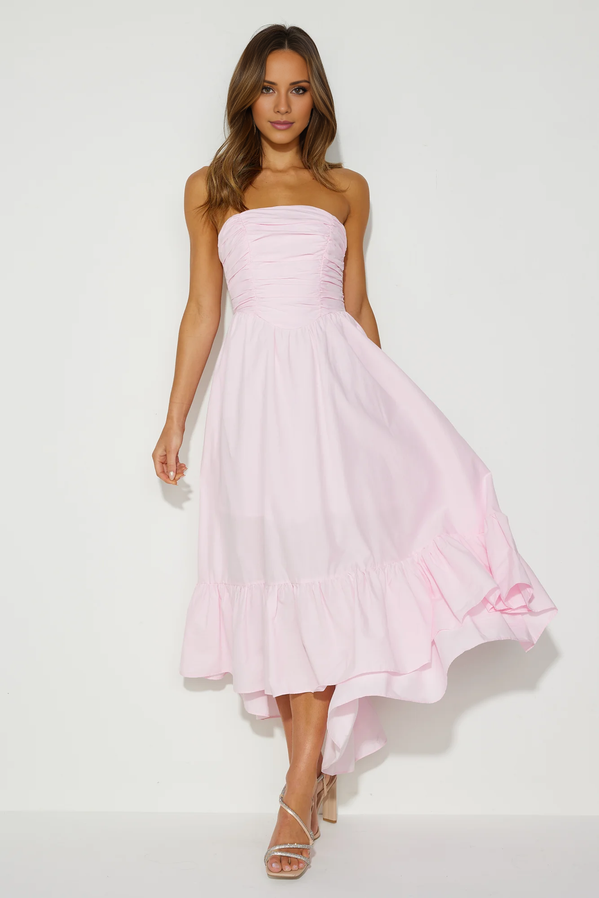 Vestido de fiesta largo Jimiss con corte A, cuello descubierto, sin tirantes ni espalda descubierta