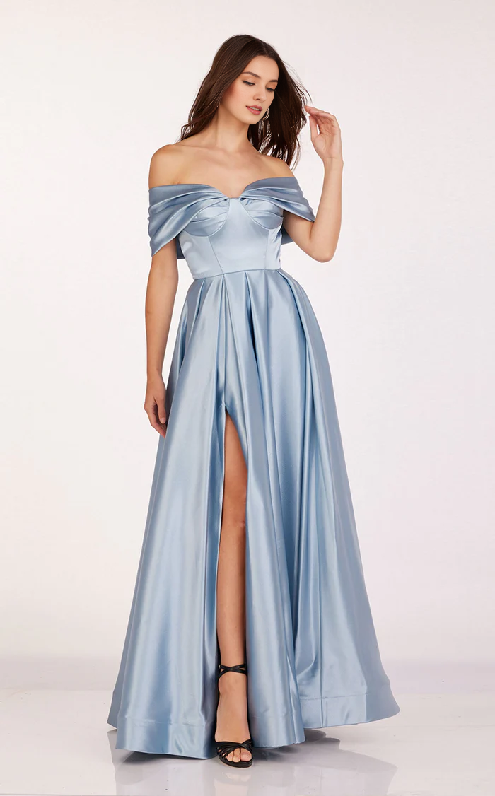 Open shoulder tight corset with side slits and floor length Prom dress