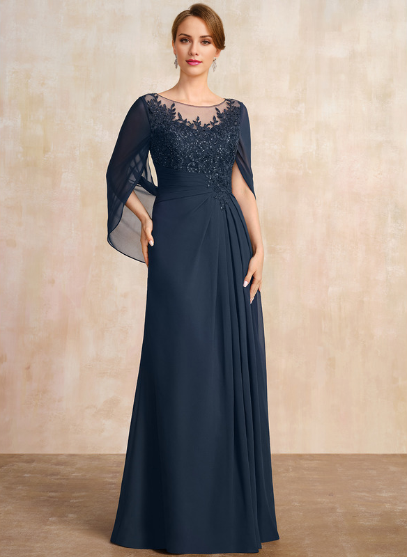 Dark Navy Chiffon A-Line Floor-Length Dress with Illusion Neck & Cape Sleeves