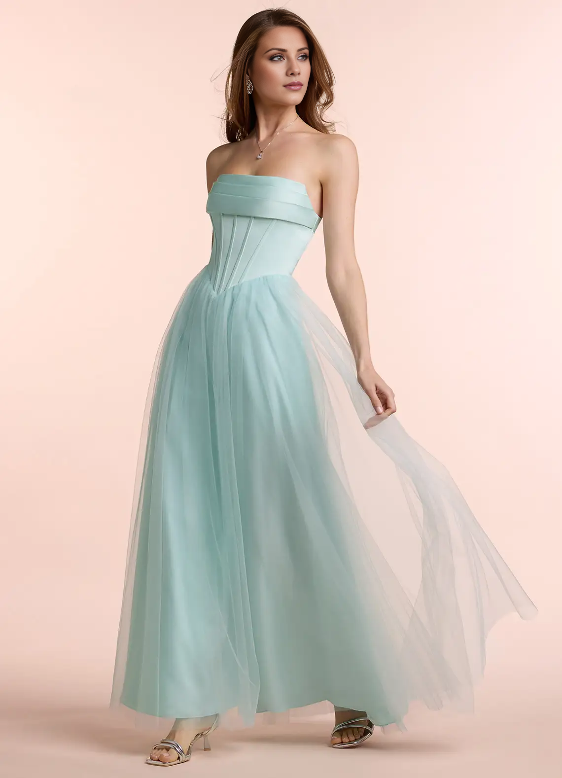 Jimiss - Vestido de fiesta transparente, sin tirantes y largo hasta el suelo con cuello al descubierto 