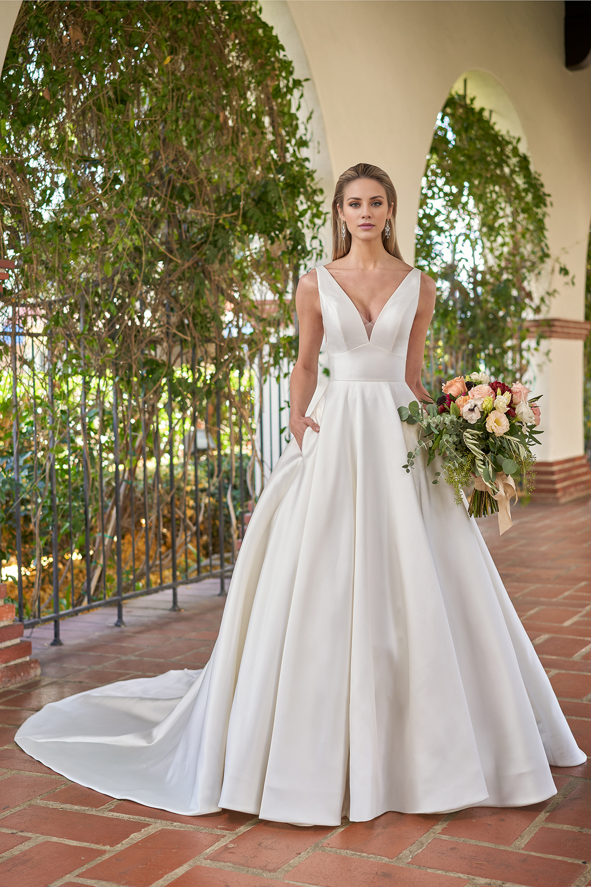 Ivory Satin A-Line Floor-Length Deep V-Neck Formal Dress with Pockets