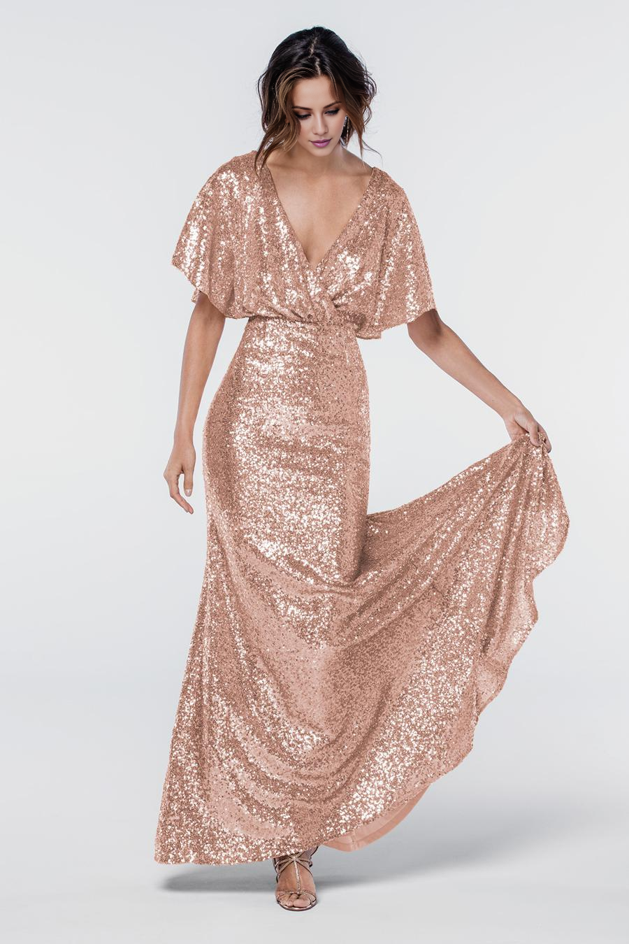 Vestido de noche Jimiss con escote en V, manga corta, lentejuelas, espalda descubierta y largo hasta el suelo
