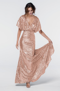Vestido de noche Jimiss con escote en V, manga corta, lentejuelas, espalda descubierta y largo hasta el suelo