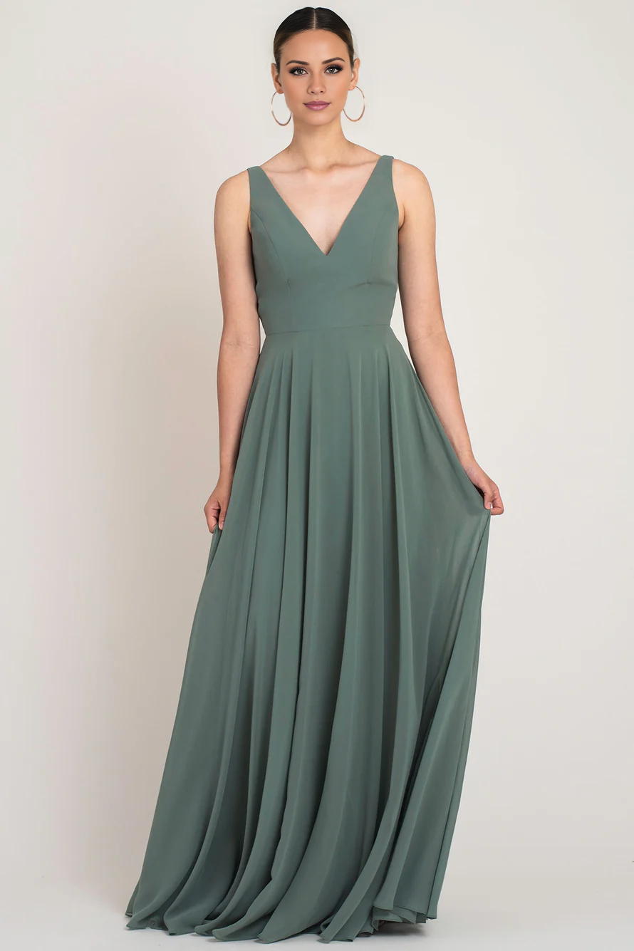 Vestido de noche Jimiss con escote en V, hombros descubiertos, sin mangas, espalda descubierta con cremallera y largo hasta el suelo