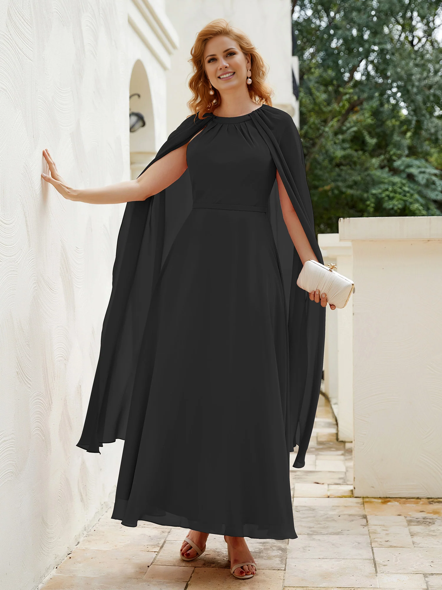 Olive Green Chiffon A-Line Bridesmaid Dress with High Neck & Integrated Cape