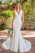 Ivory Satin Mermaid Illusion V-Neck Floor-Length Evening Dress with Sweep Train