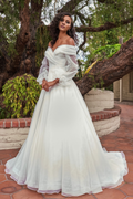 Vestido de novia largo hasta el suelo, con escote en V, cintura ajustada y mangas largas