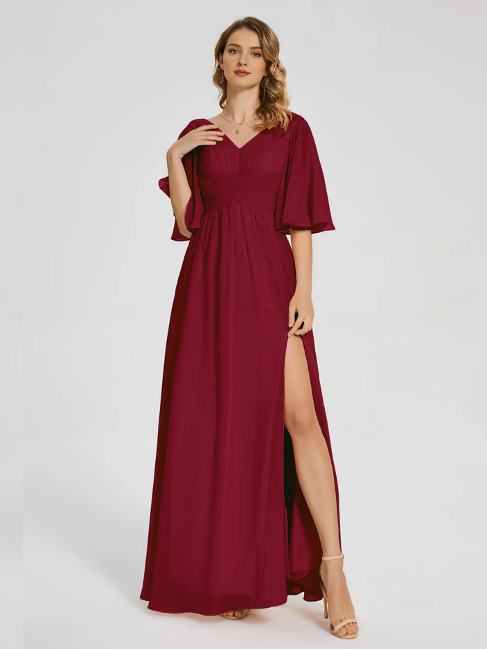 Burgundy Chiffon A-Line V-Neck Floor-Length Dress | Flutter Sleeve Bridesmaid Gown