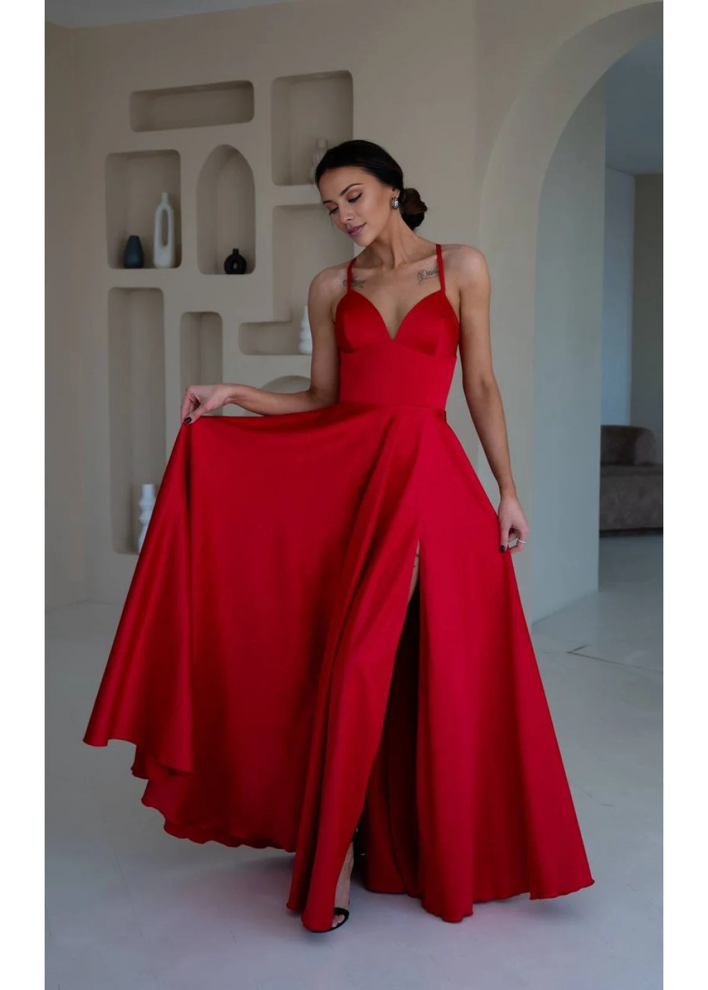Red Satin A-Line Floor-Length Evening Dress with Plunging V-Neck
