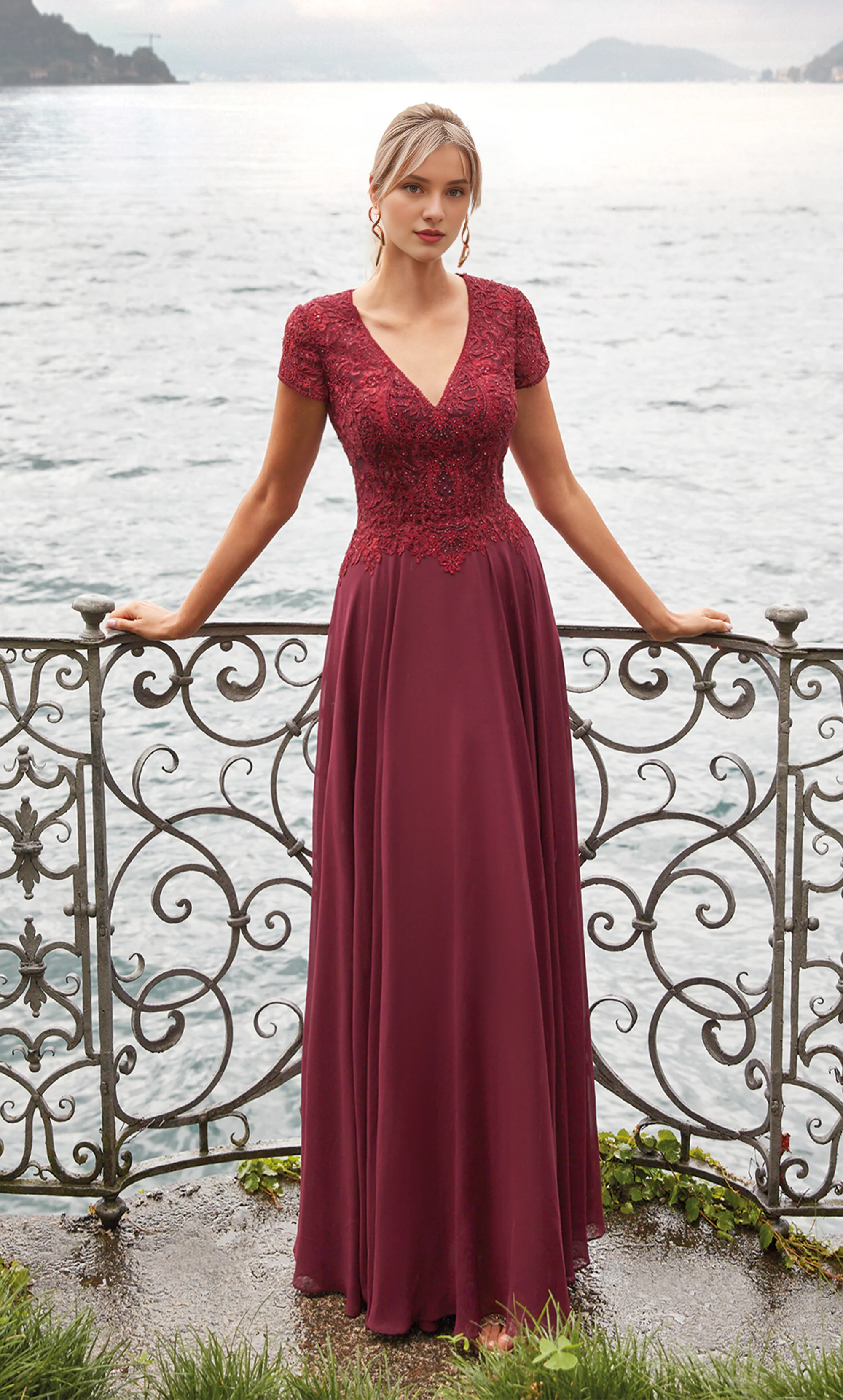 Burgundy Lace A-Line Floor-Length Bridesmaid Dress with V-Neck & Short Sleeves