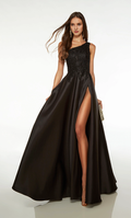 Vestido de noche largo formal de encaje con cuello de un solo hombro, corte A, espalda hueca y abertura alta