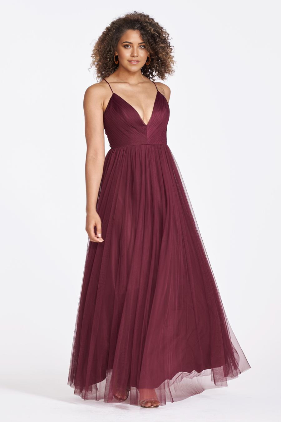 Burgundy Tulle A-Line Floor-Length Bridesmaid Dress with V-Neck & Pleated Bodice