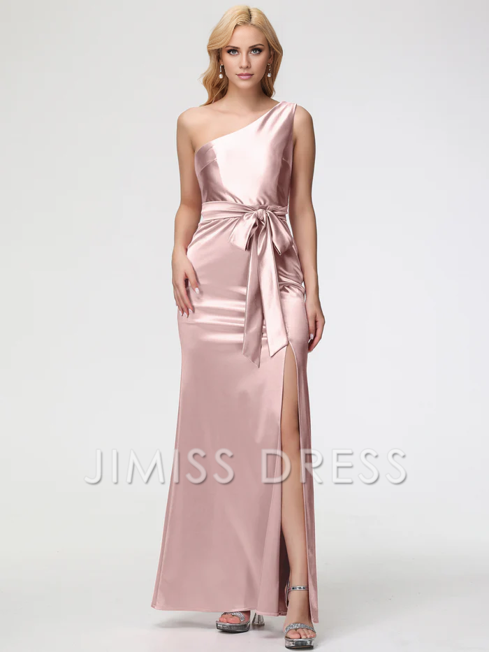 Jimiss single shoulder trumpet/mermaid sleeveless pleated satin Prom dress