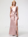 Dusty Rose Satin One Shoulder Sheath/column Floor-Length Dress with High Slit