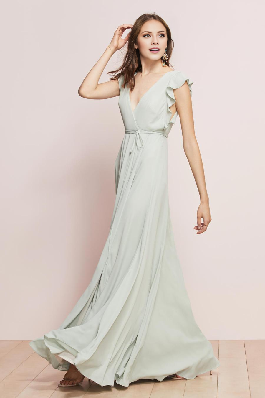 Dusty Sage A-Line Chiffon Bridesmaid Dress - Flutter Sleeves & High Slit