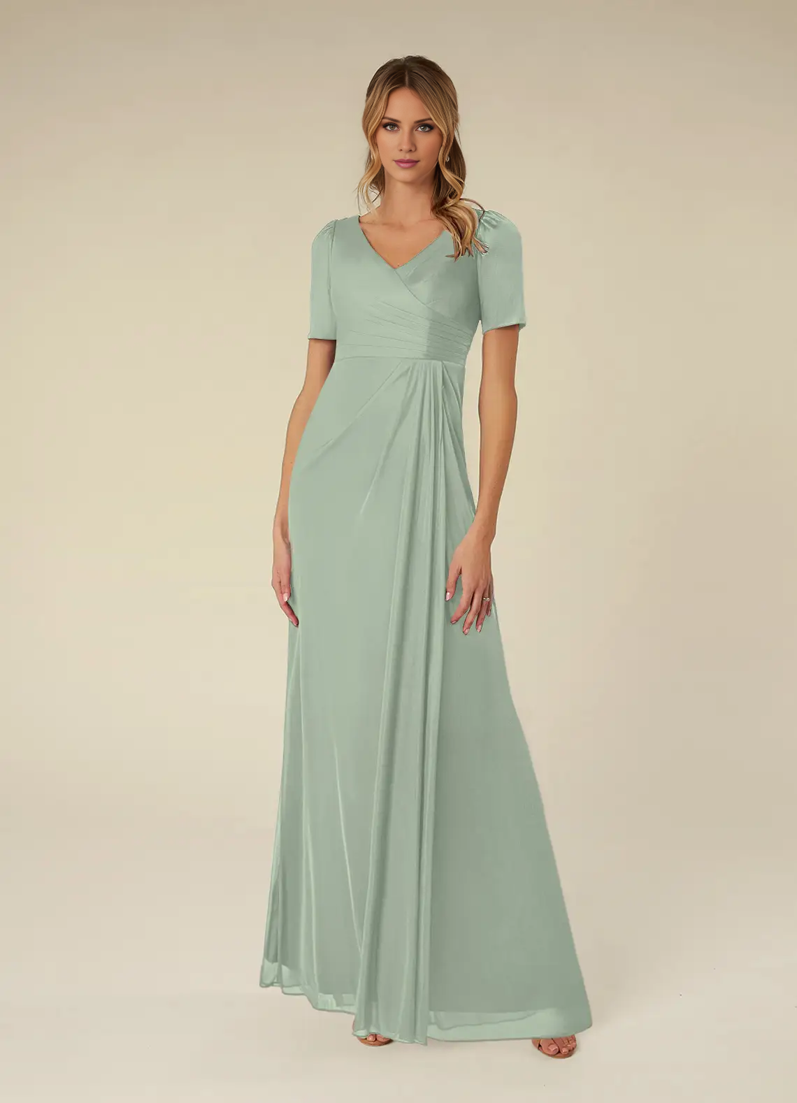 Sage Green Chiffon A-Line Floor-Length Bridesmaid Dress with V-Neck Wrap Bodice