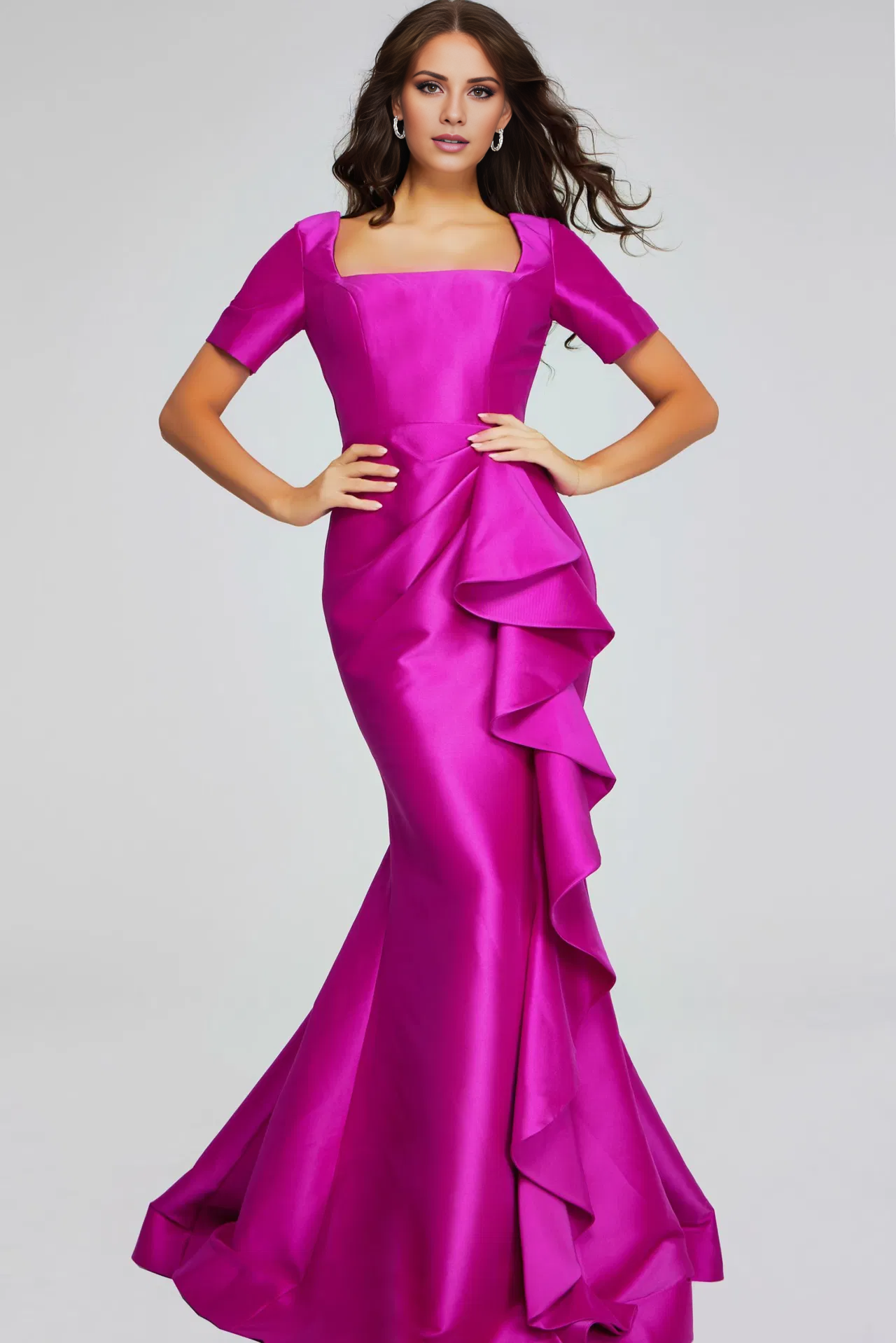 Mulberry Satin Mermaid Floor-Length Evening Dress with Square Neck & Cascading Ruffle