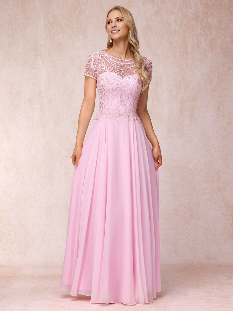 Pink Chiffon A-Line Bridesmaid Dress with Illusion Lace Bodice