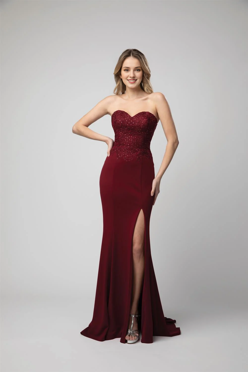Embroidered lace applique long strapless sweetheart dress