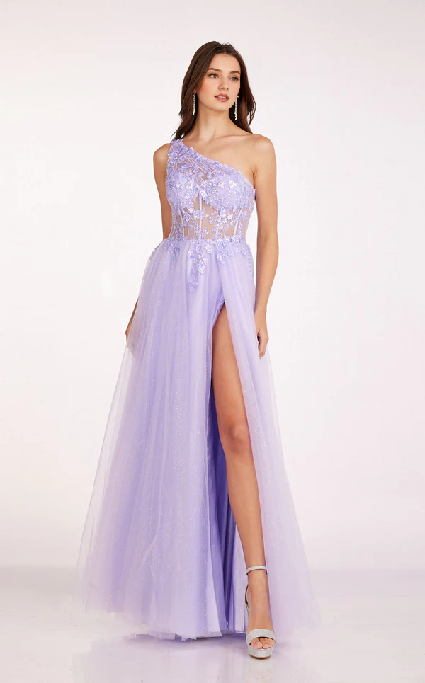 Lavender One Shoulder A-Line Tulle Gown with Lace Bodice & High Slit