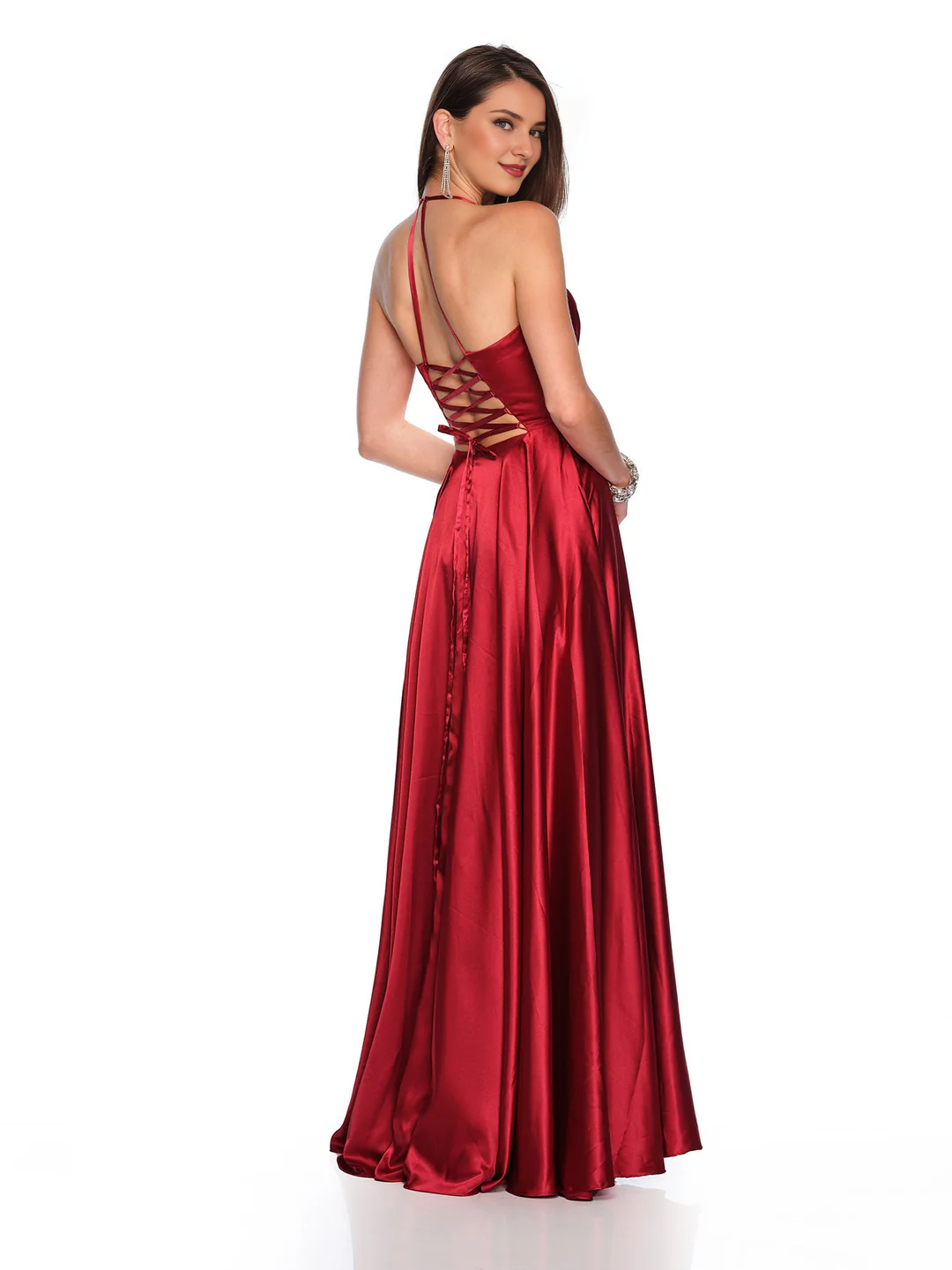 Pleated long sleeveless satin dress