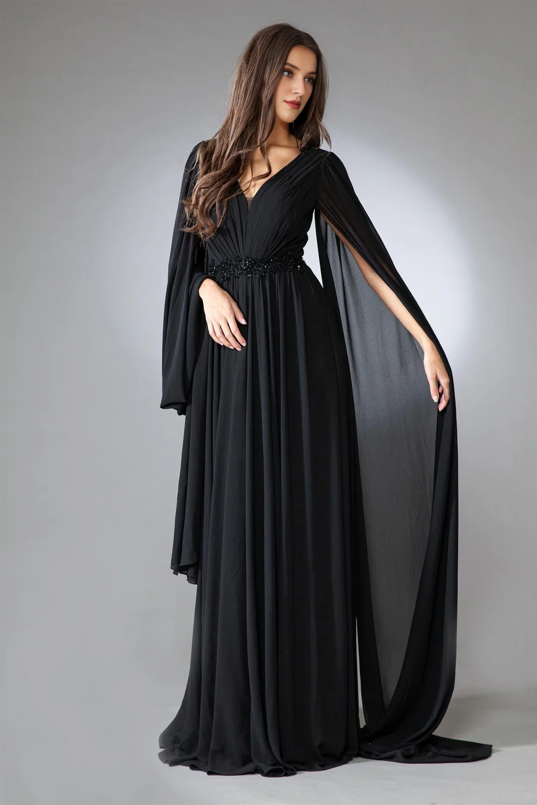 Long shawl sleeve V-neck chiffon dress paired with A-line skirt