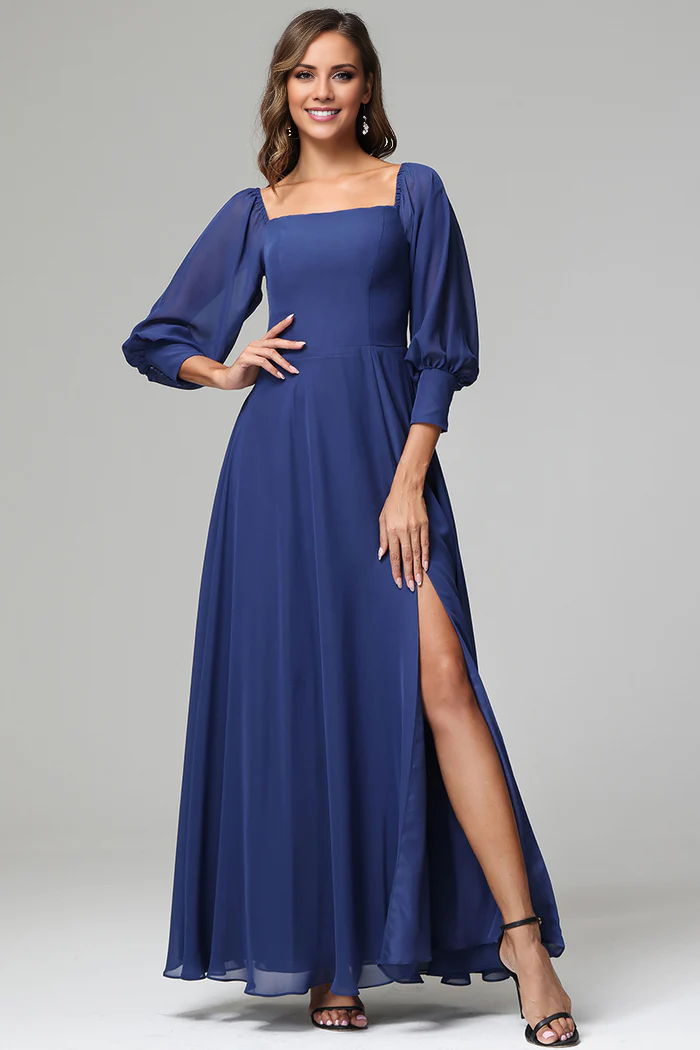 Square neck 3/4 sleeve slit chiffon and floor length bridesmaid dress