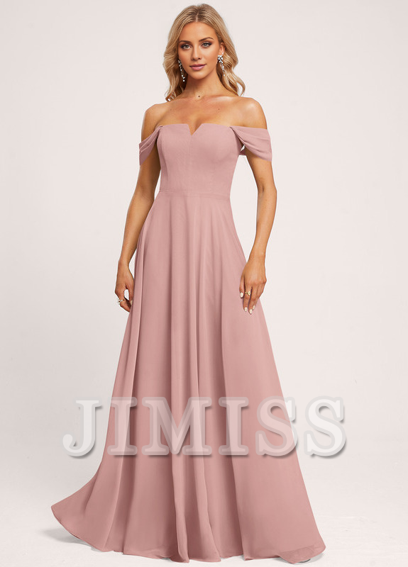 Abito da damigella d'onore in chiffon a trapezio, con spalle scoperte e lunghezza fino al pavimento