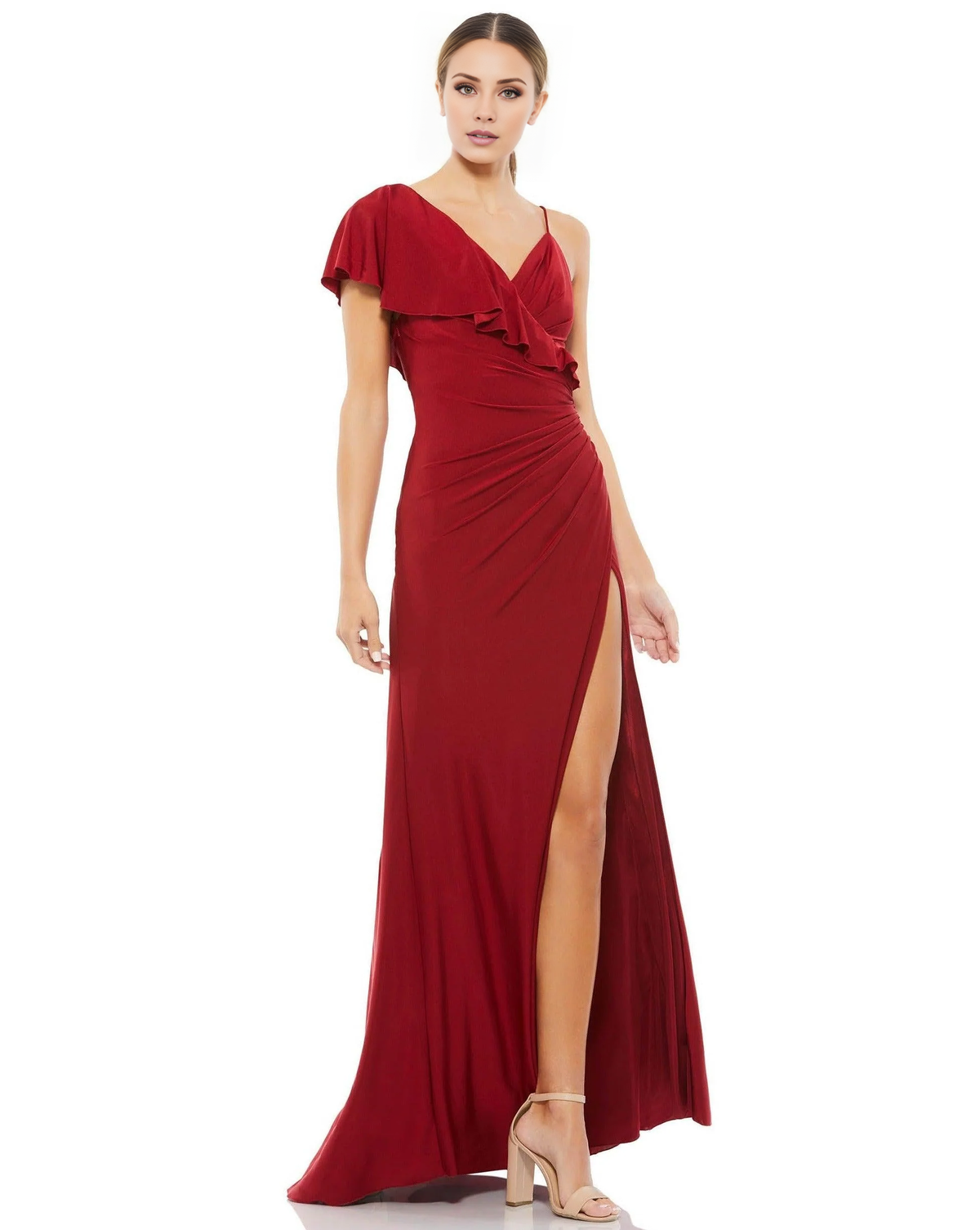 Vestido de fiesta Jimiss con escote en V, plisado, asimétrico, con volantes y largo hasta el suelo