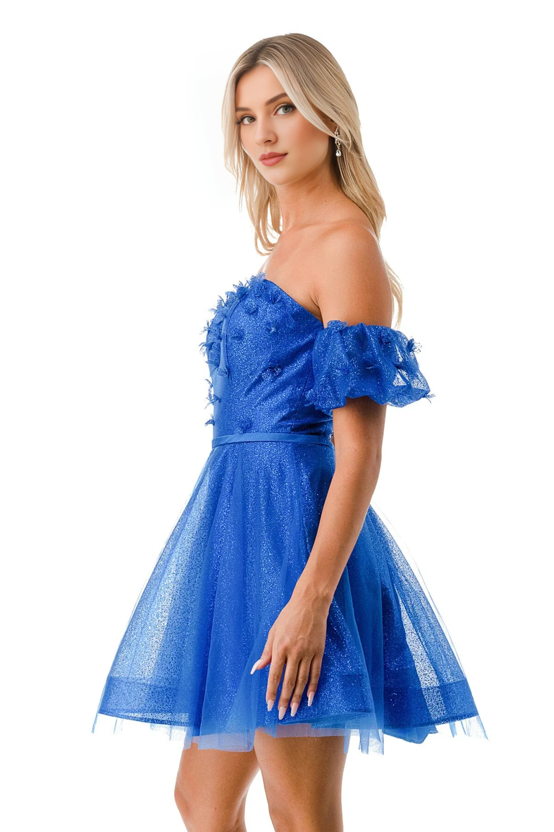 Off shoulder neck 3D floral decal sleeveless strapless short/mini homecoming dress